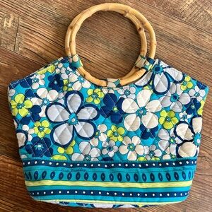 Vera Bradley Quilted Floral Tote with Bamboo Handles in Blue, Aqua & Lime